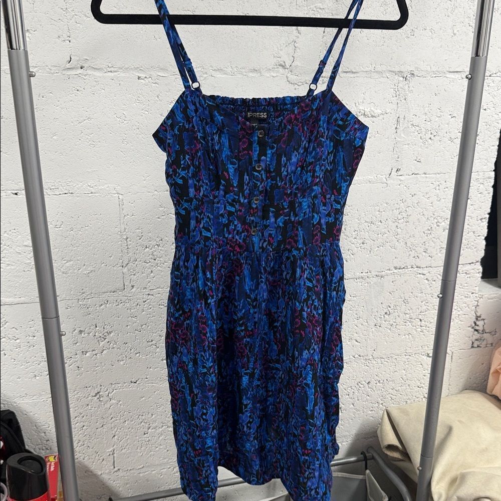 Express Blue and Black Strappy Mini Dress Floral Pockets NEVER WORN Size XS